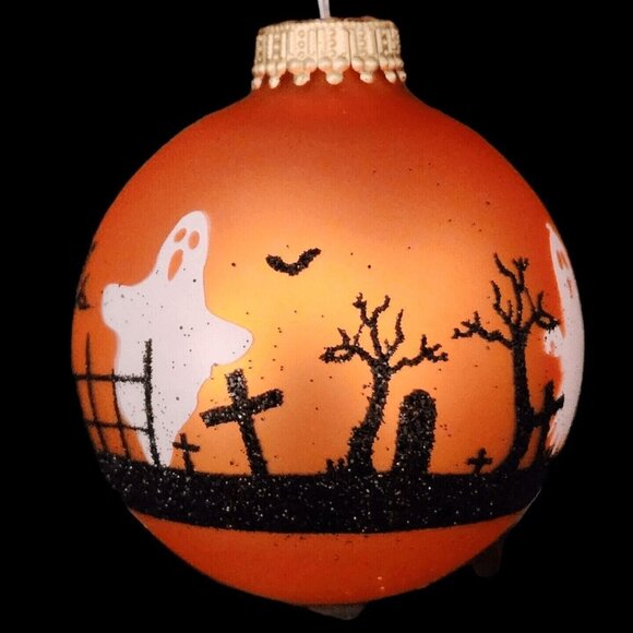 Halloween Haunted House Ghost Graveyard Orange Glass Ball Ornament Vintage - Picture 5 of 8